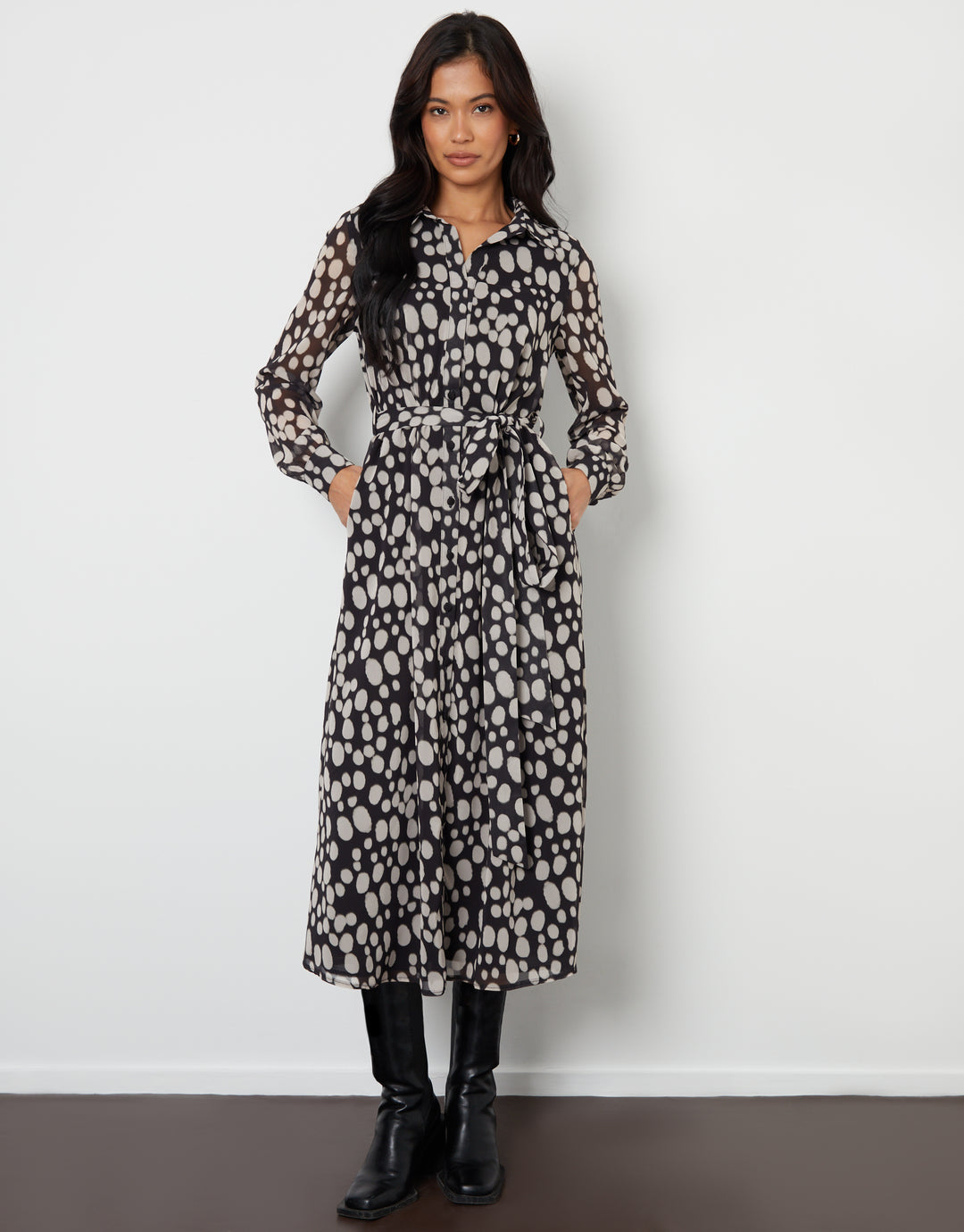 Spotted Chiffon Belted Maxi Shirt Dress in Black Polka Dot
