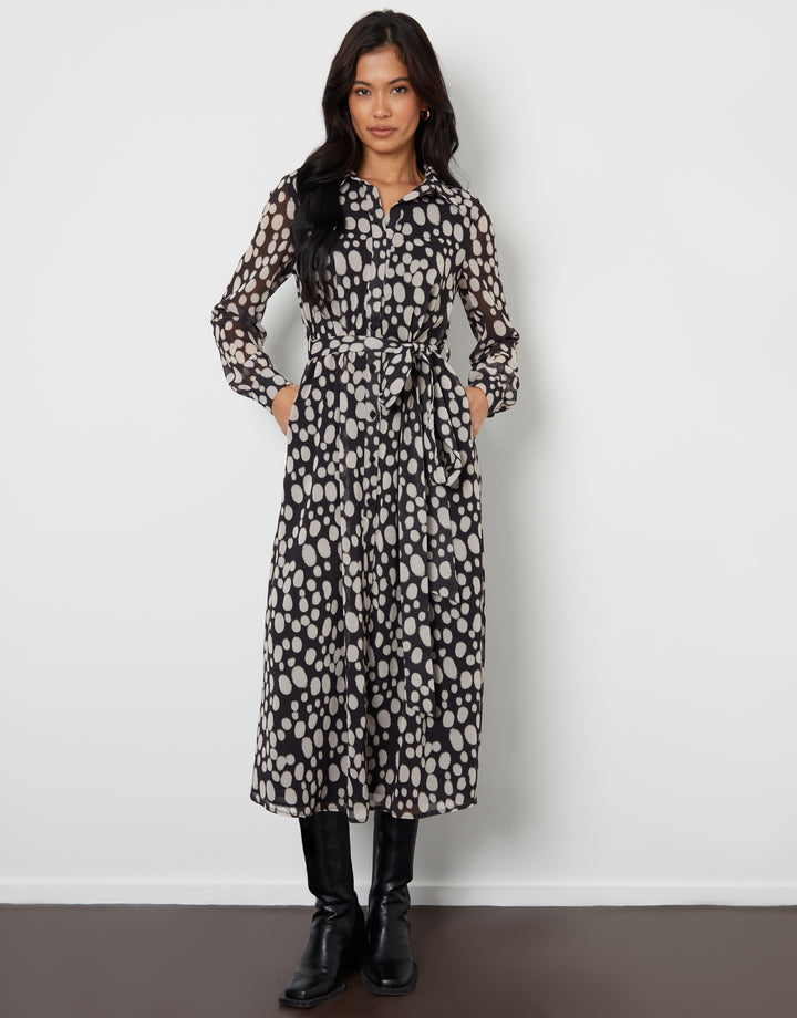 Spotted Chiffon Belted Maxi Shirt Dress in Black Polka Dot