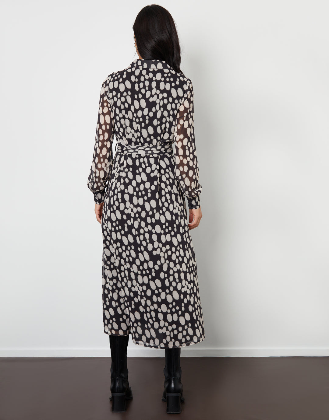 Spotted Chiffon Belted Maxi Shirt Dress in Black Polka Dot