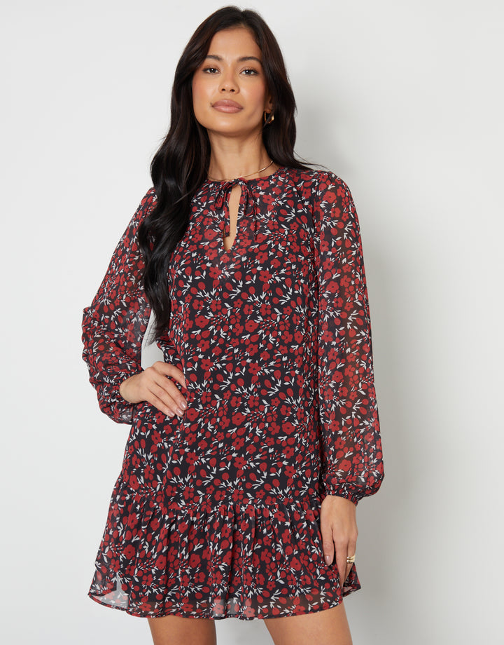 Red Floral Tie Front Ruffle Mini Dress