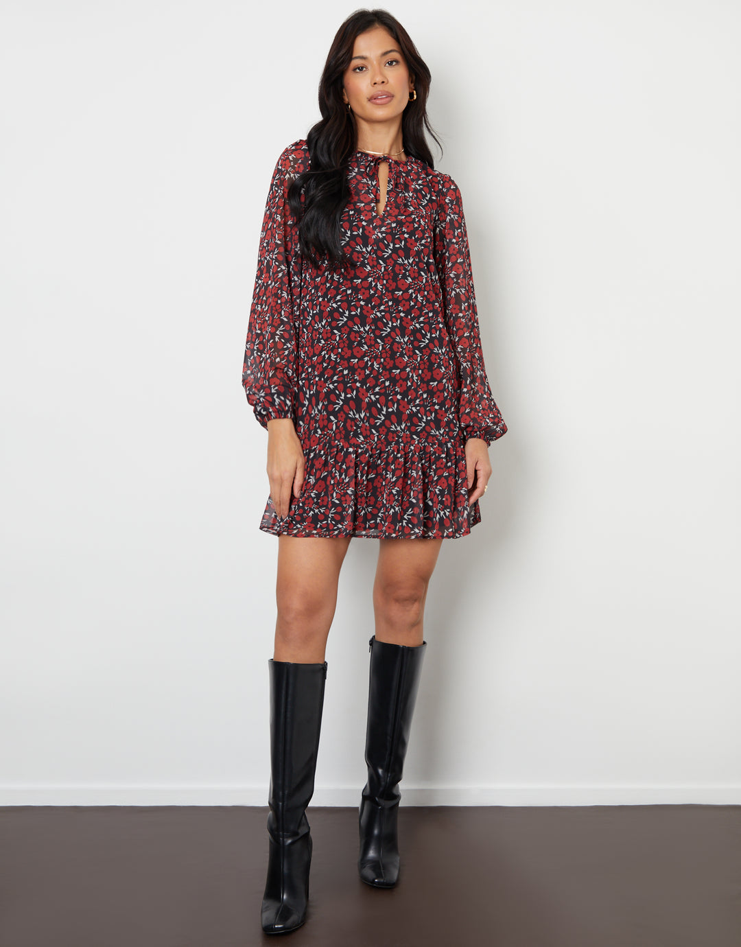 Red Floral Tie Front Ruffle Mini Dress