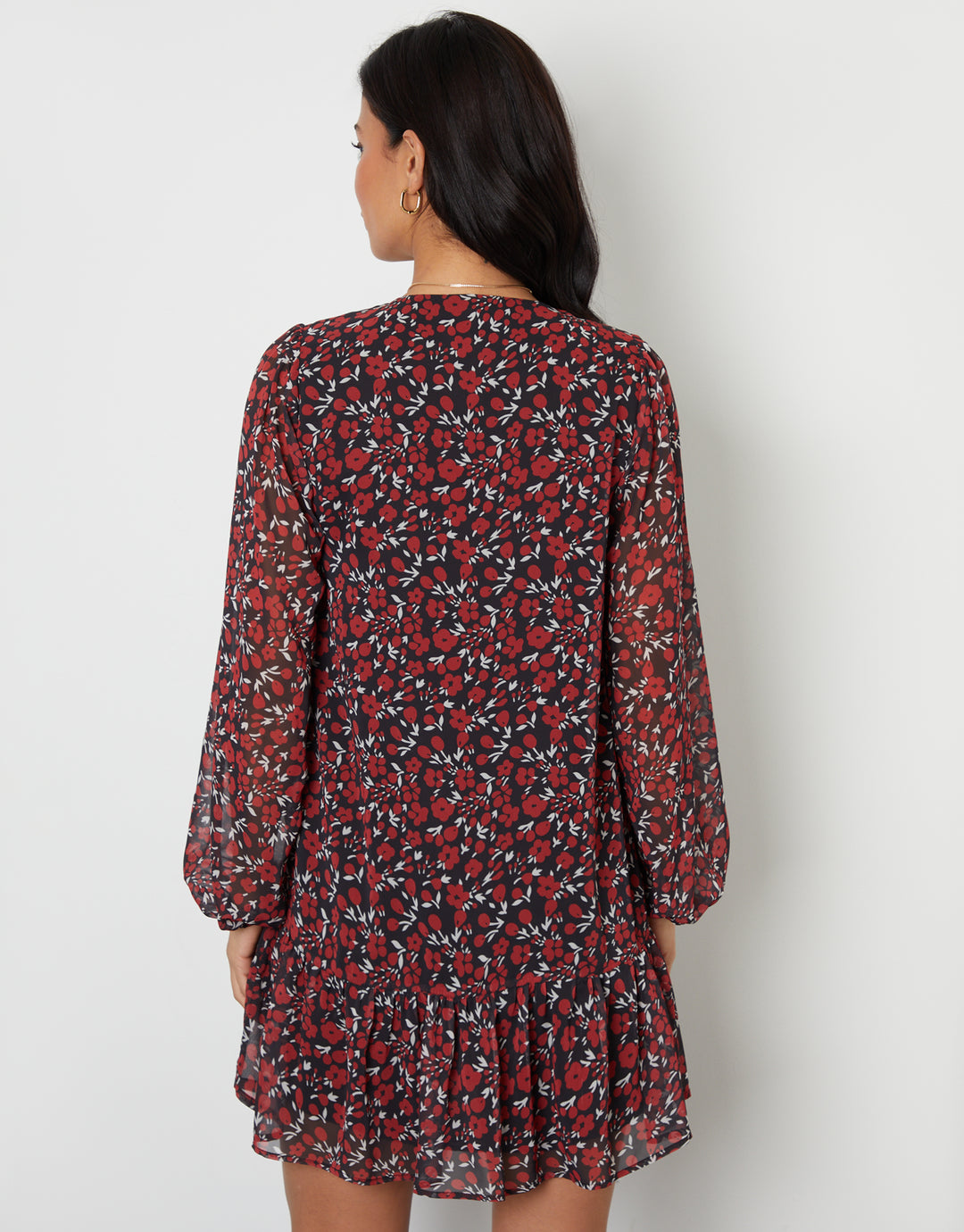 Red Floral Tie Front Ruffle Mini Dress