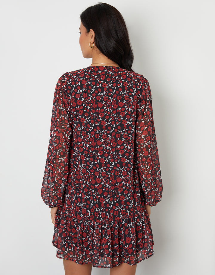 Red Floral Tie Front Ruffle Mini Dress