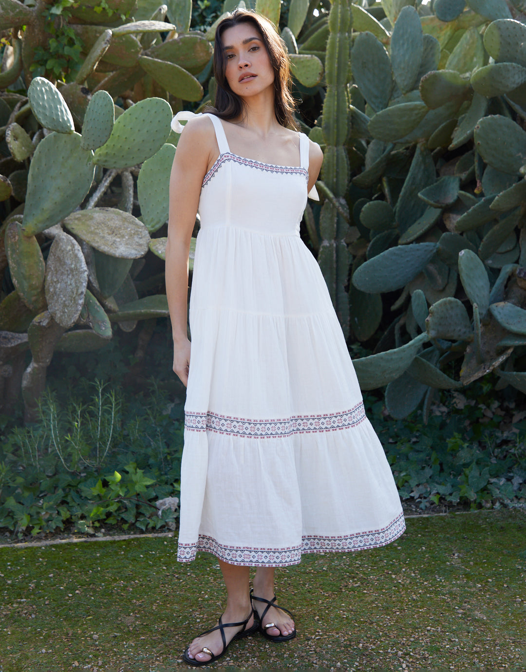 Cream Embroidered Tiered Maxi Dress