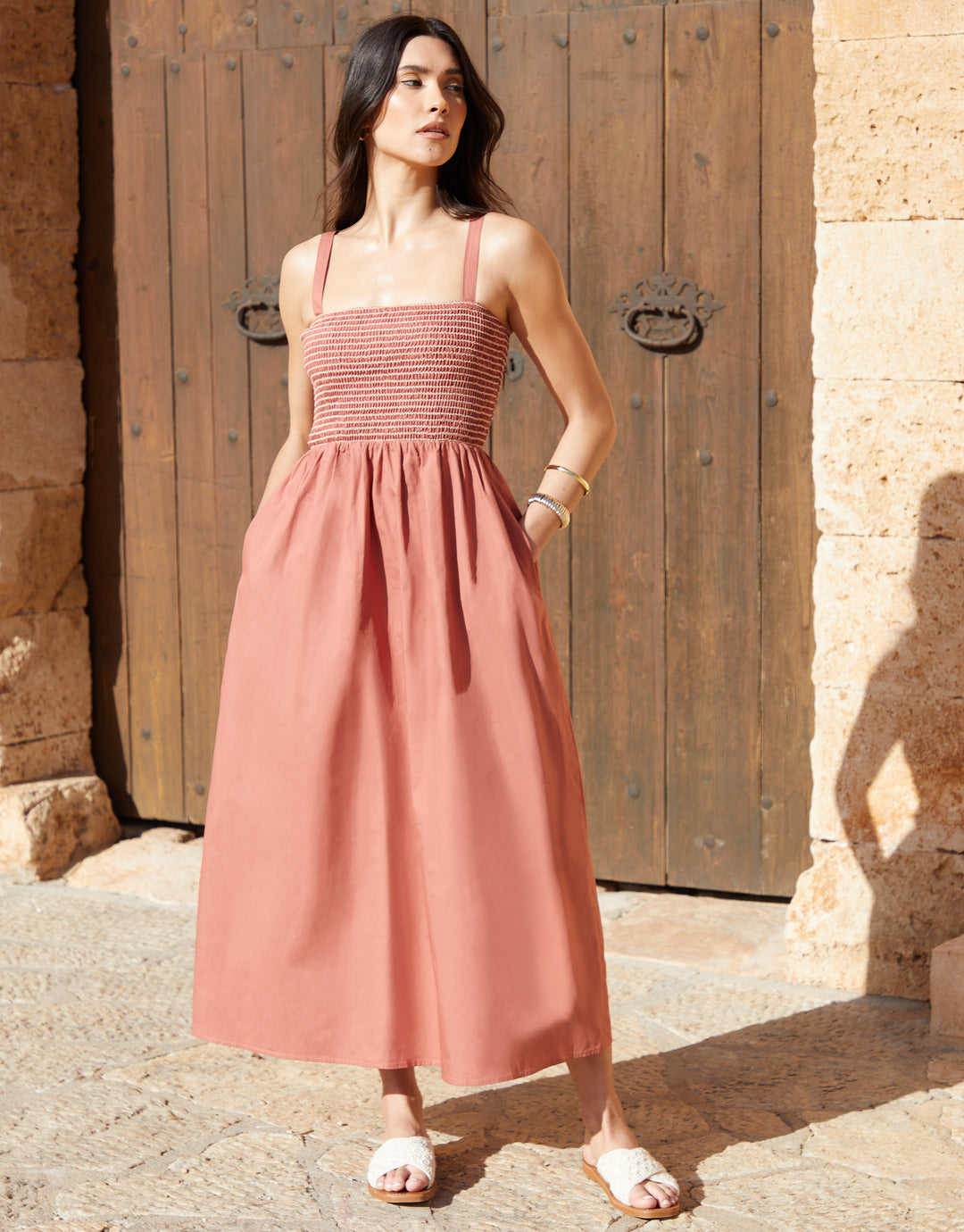 Threadbare Women's Pink Shirred Bodice Midaxi Dress Threadbare Women's Pink Shirred Bodice Midaxi Dress