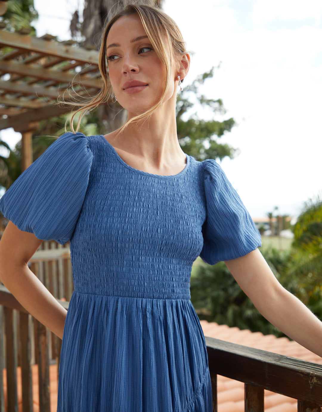 Puff Sleeve Shirred Asymmetric Dress in Blue