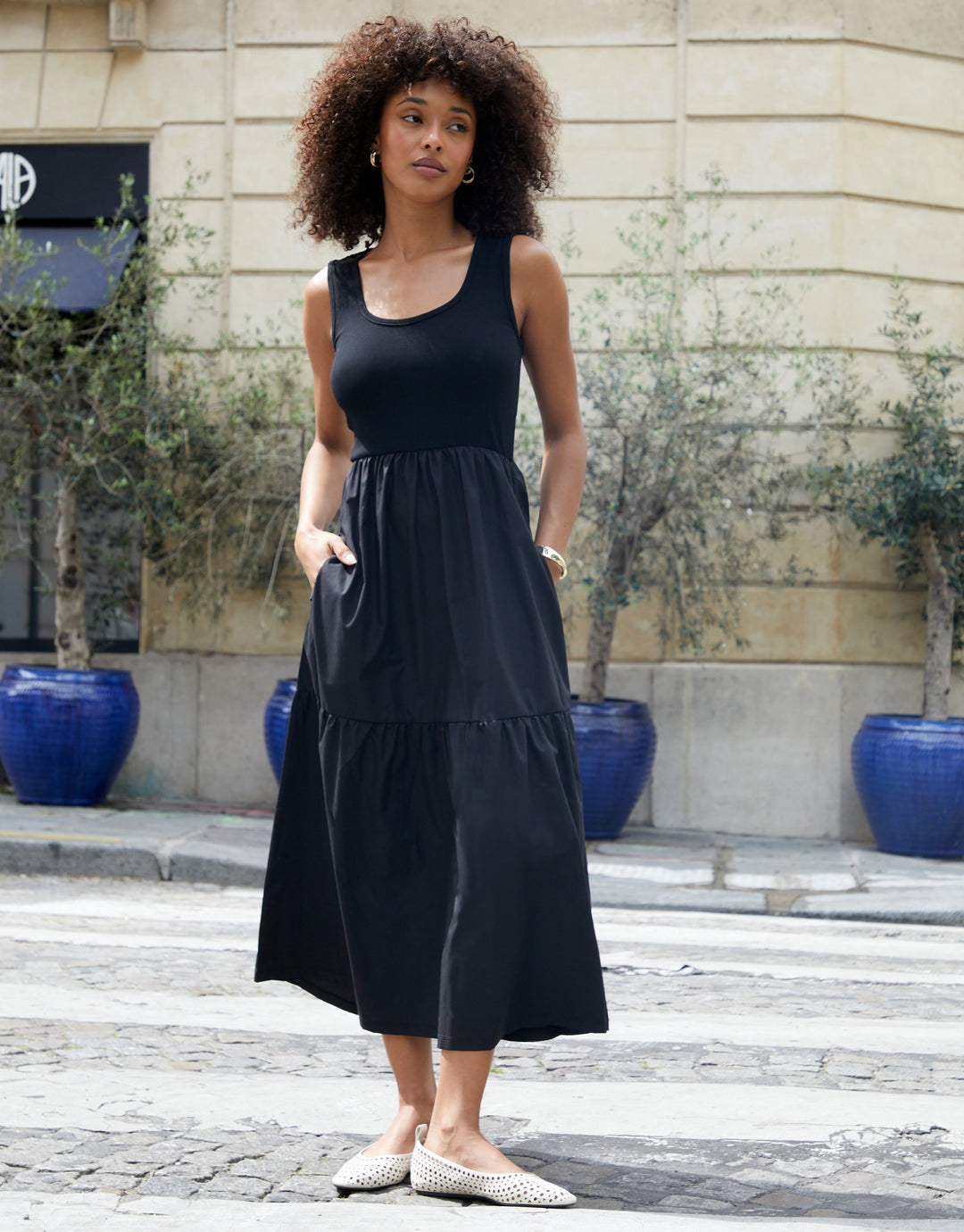 Black Sleeveless 2-in-1 Jersey Poplin Mix Tiered Dress