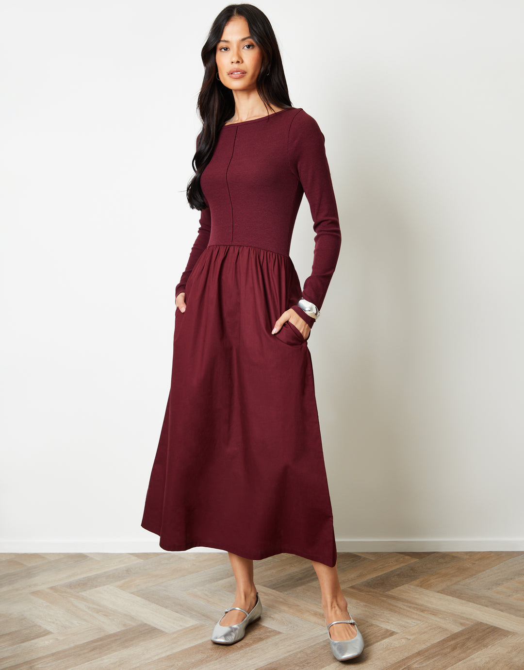 Threadbare Women's Berry Red 2-in-1 Jersey Poplin Mix Slash Neck Long Sleeve Dress Threadbare Women's Berry Red 2-in-1 Jersey Poplin Mix Slash Neck Long Sleeve Dress