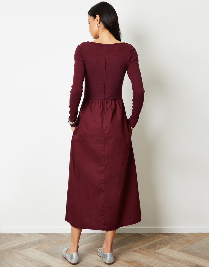 Berry Red 2-in-1 Jersey Poplin Mix Slash Neck Long Sleeve Dress