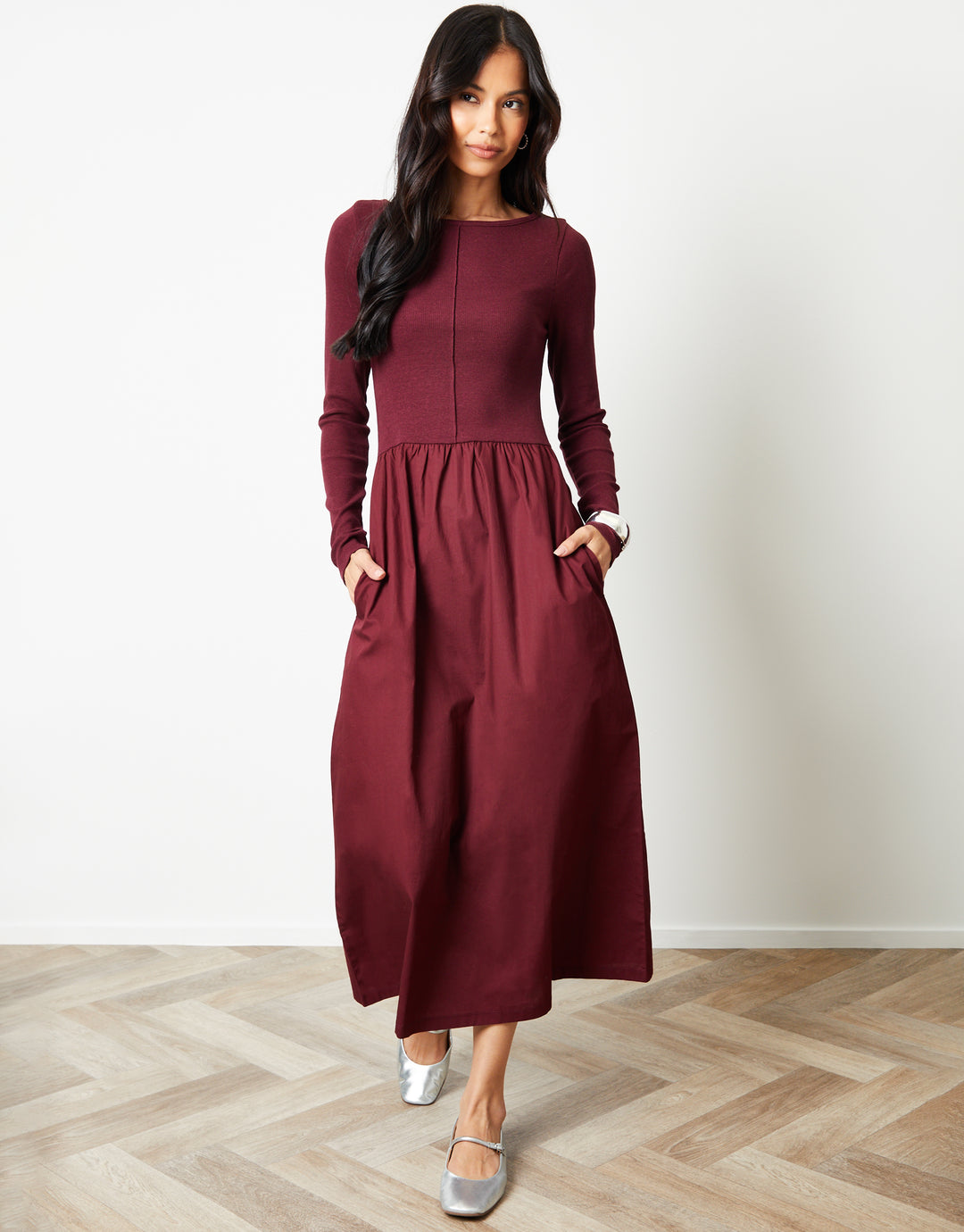 Berry Red 2-in-1 Jersey Poplin Mix Slash Neck Long Sleeve Dress