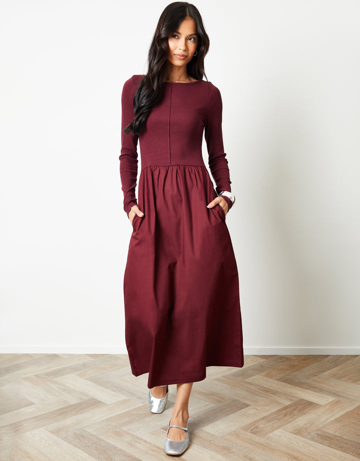 Berry Red 2-in-1 Jersey Poplin Mix Slash Neck Long Sleeve Dress