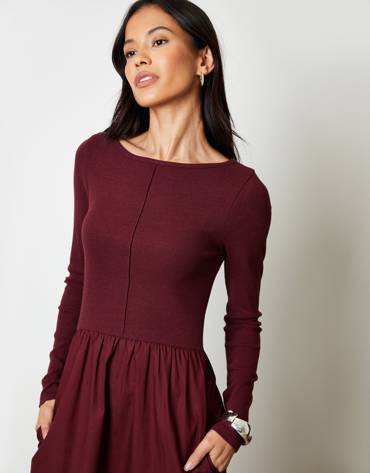 Berry Red 2-in-1 Jersey Poplin Mix Slash Neck Long Sleeve Dress