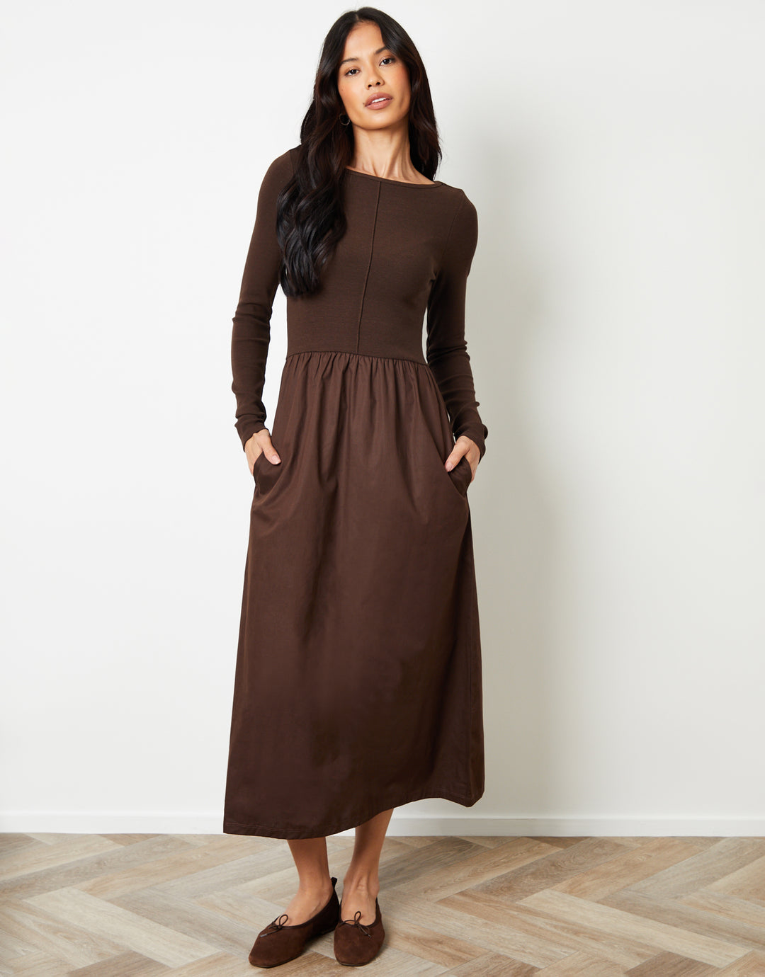 Threadbare Women's Chocolate Brown 2-in-1 Jersey Poplin Mix Slash Neck Long Sleeve Dress Threadbare Women's Chocolate Brown 2-in-1 Jersey Poplin Mix Slash Neck Long Sleeve Dress