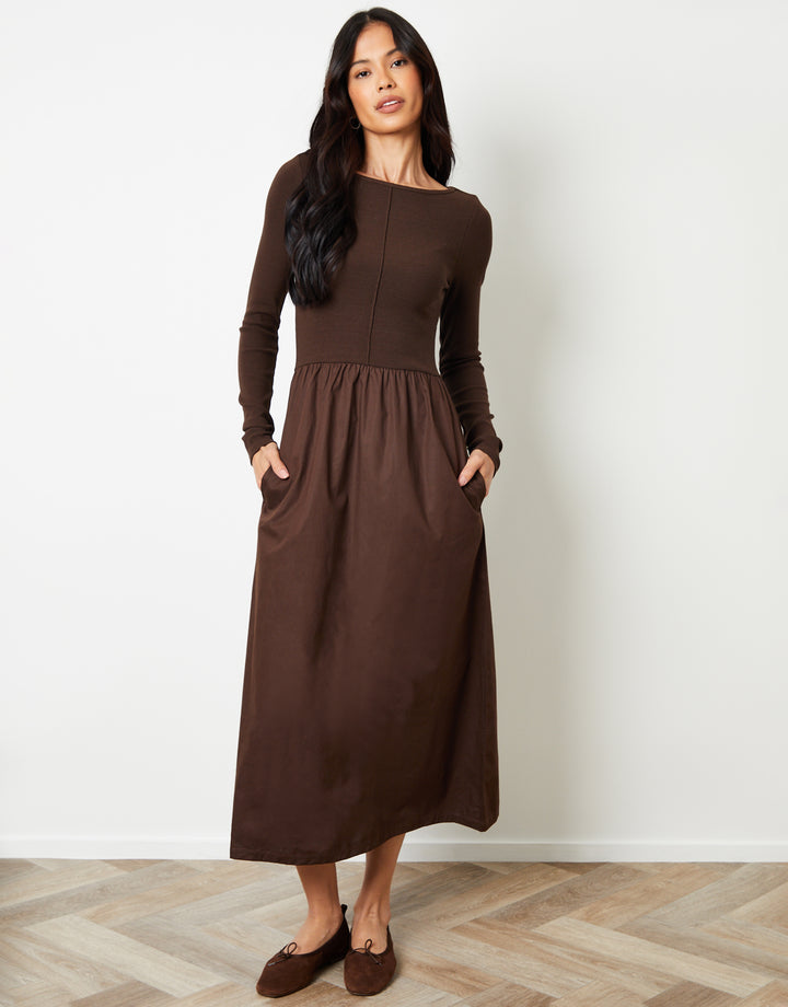 Chocolate Brown 2-in-1 Jersey Poplin Mix Slash Neck Long Sleeve Dress