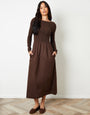 Chocolate Brown 2-in-1 Jersey Poplin Mix Slash Neck Long Sleeve Dress