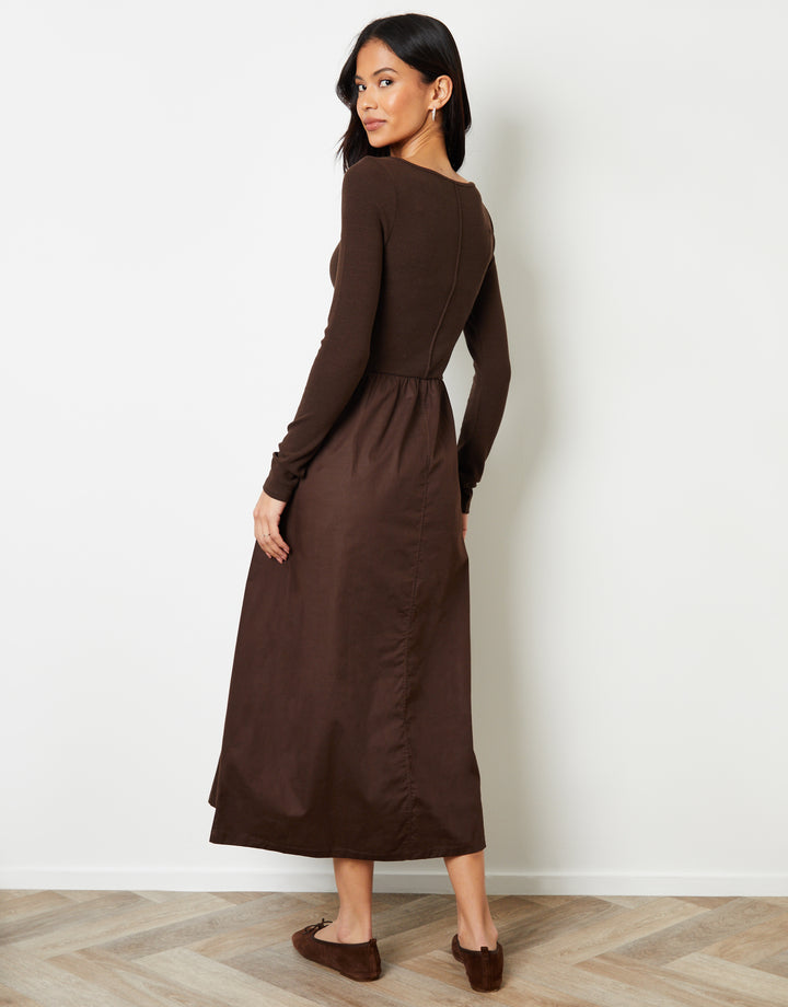 Chocolate Brown 2-in-1 Jersey Poplin Mix Slash Neck Long Sleeve Dress