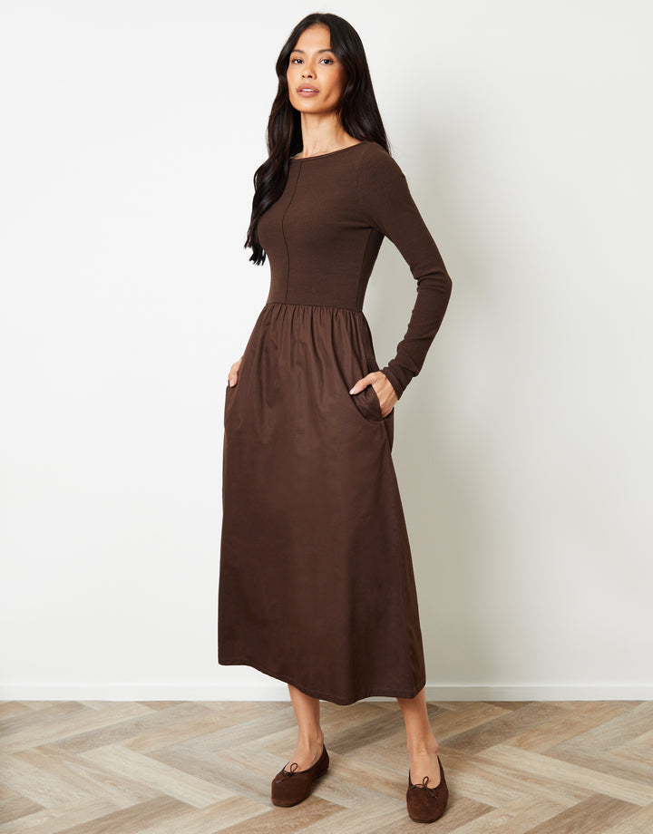 Chocolate Brown 2-in-1 Jersey Poplin Mix Slash Neck Long Sleeve Dress