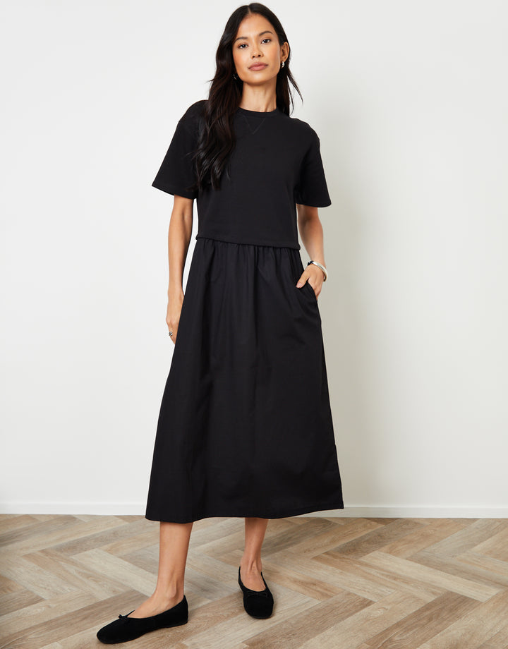 Black 2-in-1 Sweat Dress with Poplin Skirt