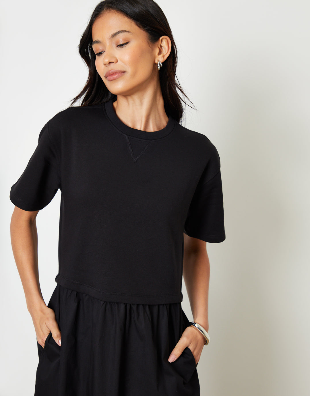 Black 2-in-1 Sweat Dress with Poplin Skirt