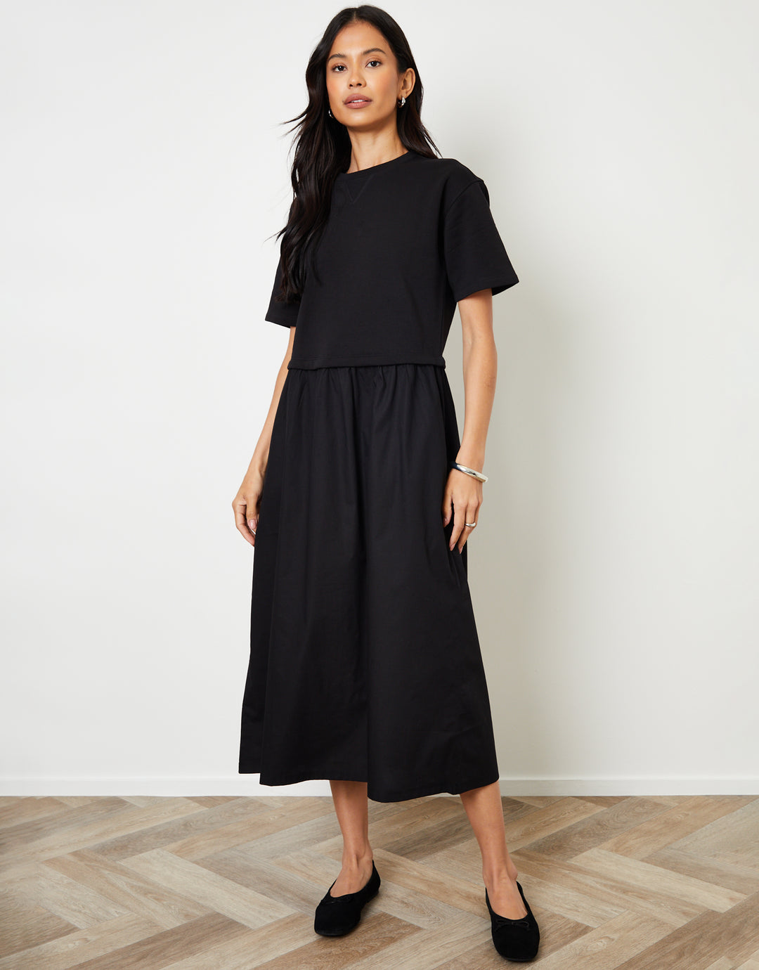Threadbare Women's Black 2-in-1 Sweat Dress with Poplin Skirt Threadbare Women's Black 2-in-1 Sweat Dress with Poplin Skirt