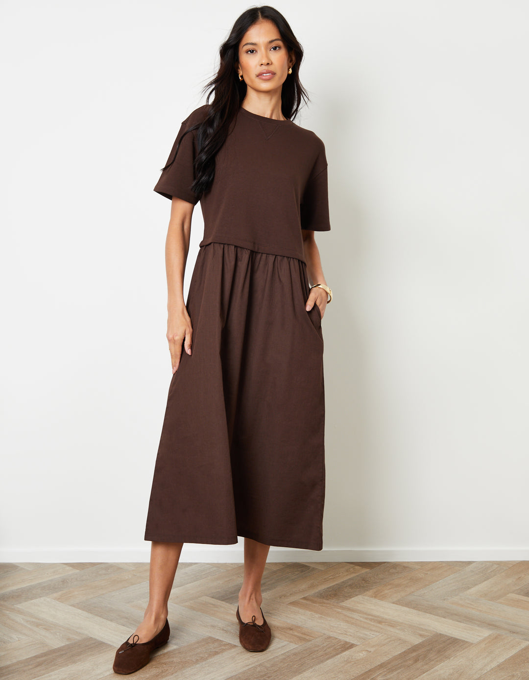 2-in-1 Sweat Dress with Poplin Skirt in Chocolate Brown 2-in-1 Sweat Dress with Poplin Skirt in Chocolate Brown