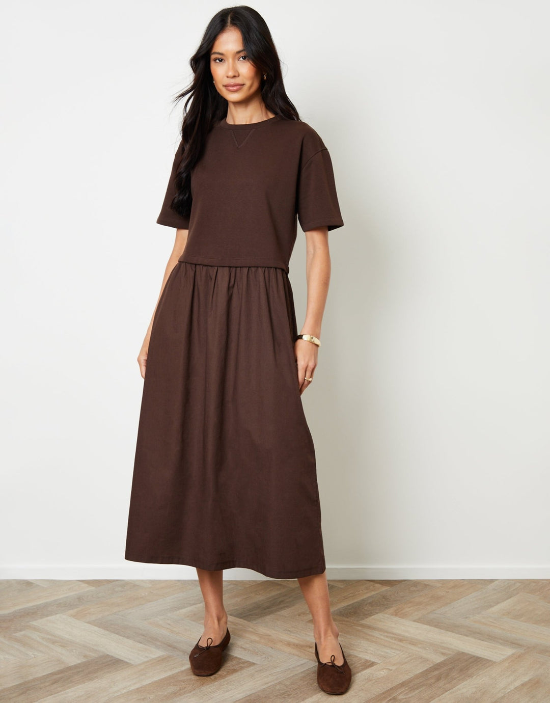 Threadbare Women's Chocolate Brown 2-in-1 Sweat Dress with Poplin Skirt
