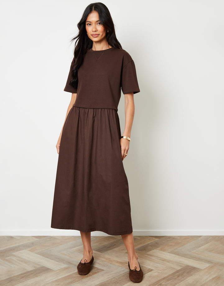 Chocolate Brown 2-in-1 Sweat Dress with Poplin Skirt