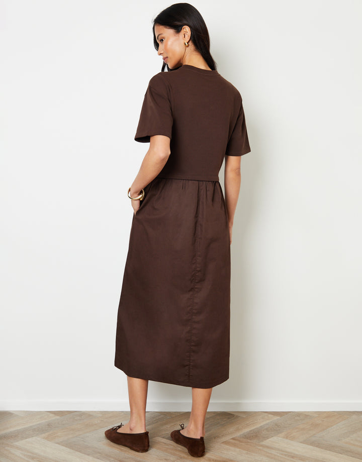 Chocolate Brown 2-in-1 Sweat Dress with Poplin Skirt