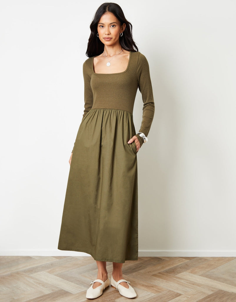 2 1 Jersey Poplin Mix Square Neck Long Sleeve Dress