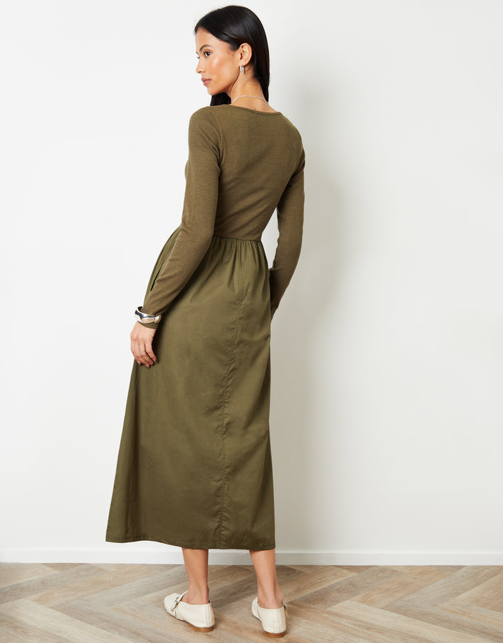 Khaki Green 2-in-1 Jersey Poplin Mix Square Neck Long Sleeve Dress