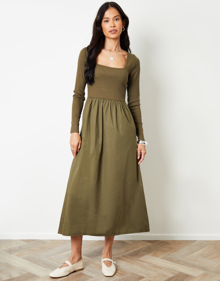Khaki Green 2-in-1 Jersey Poplin Mix Square Neck Long Sleeve Dress