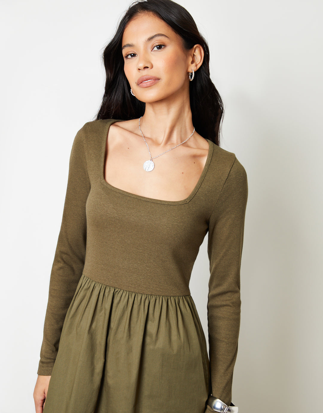 Khaki Green 2-in-1 Jersey Poplin Mix Square Neck Long Sleeve Dress