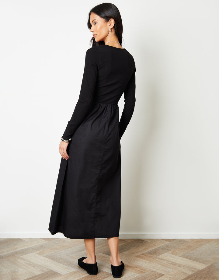 2-in-1 Jersey Poplin Mix Square Neck Long Sleeve Dress in Black