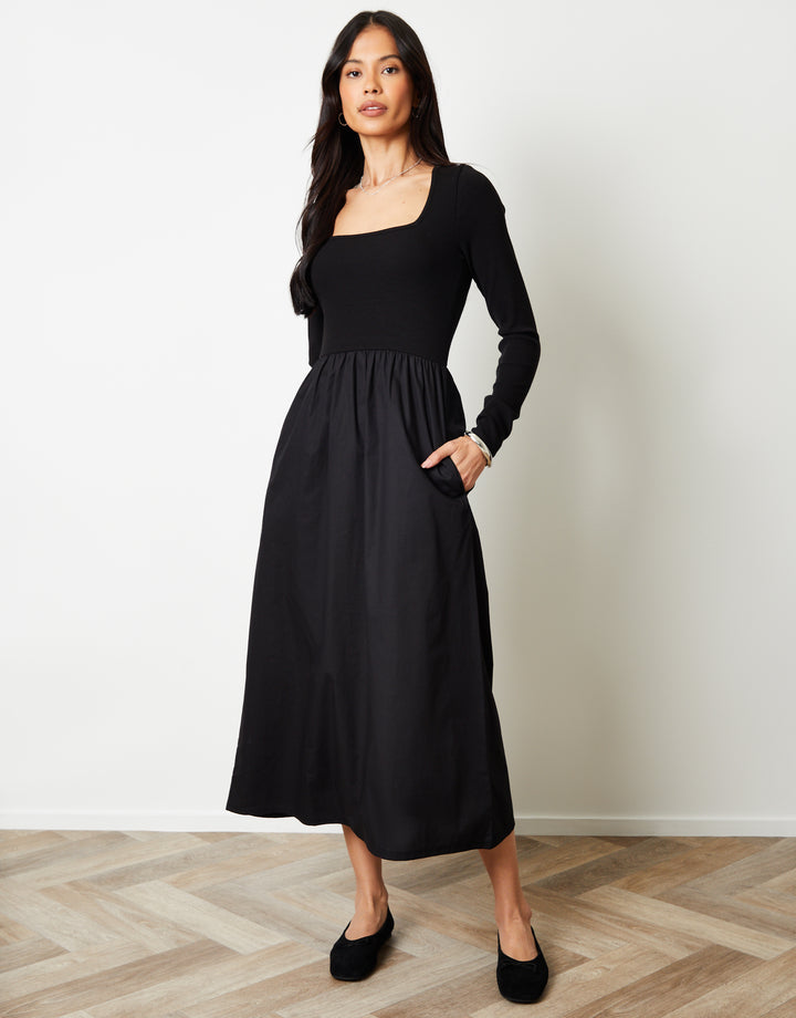 2-in-1 Jersey Poplin Mix Square Neck Long Sleeve Dress in Black