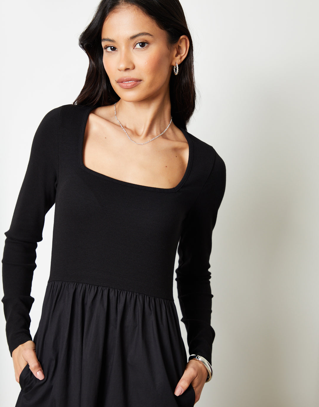 2-in-1 Jersey Poplin Mix Square Neck Long Sleeve Dress in Black