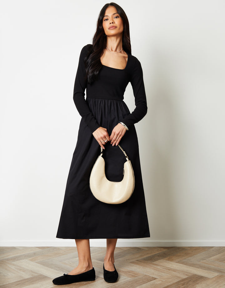 2-in-1 Jersey Poplin Mix Square Neck Long Sleeve Dress in Black