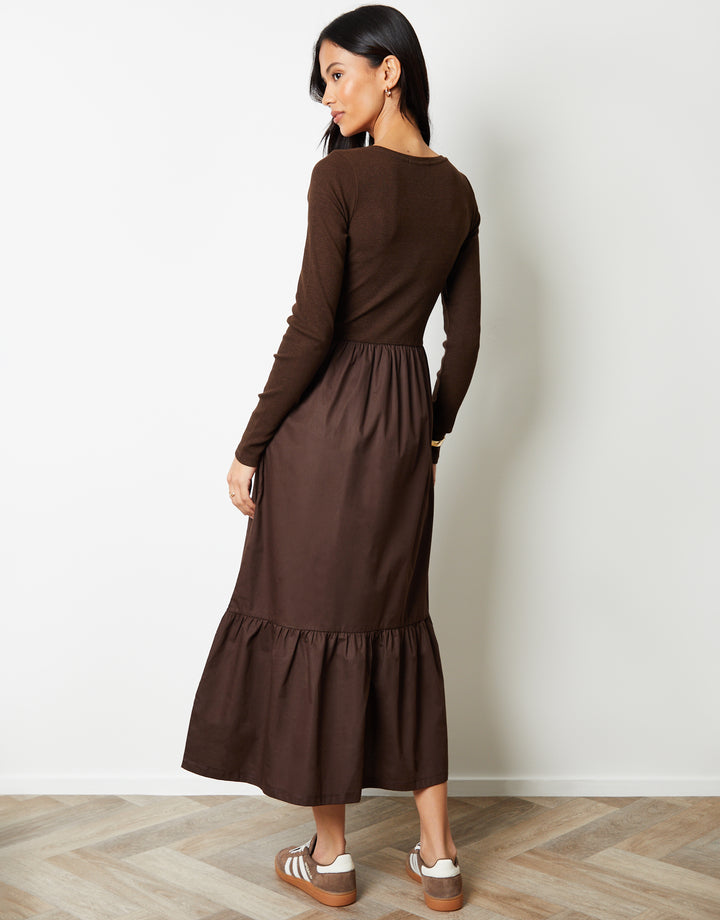 Chocolate Brown 2-in-1 Jersey Poplin Mix Scoop Neck Long Sleeve Dress
