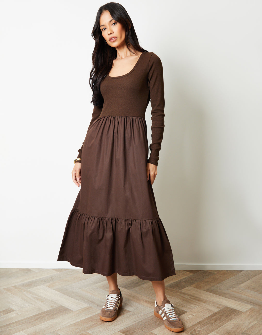 Chocolate Brown 2-in-1 Jersey Poplin Mix Scoop Neck Long Sleeve Dress