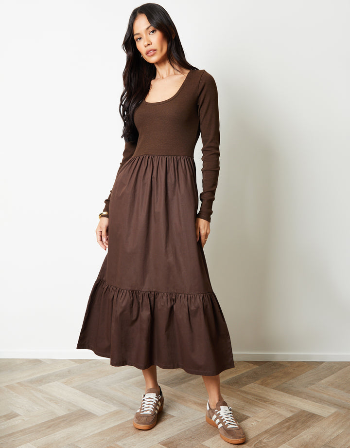 Chocolate Brown 2-in-1 Jersey Poplin Mix Scoop Neck Long Sleeve Dress
