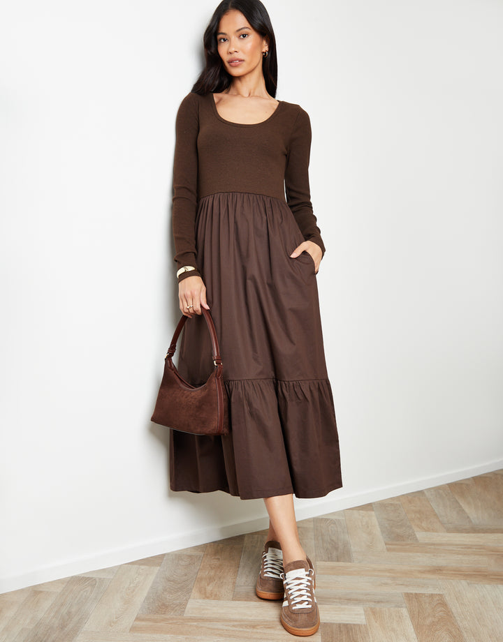 Chocolate Brown 2-in-1 Jersey Poplin Mix Scoop Neck Long Sleeve Dress