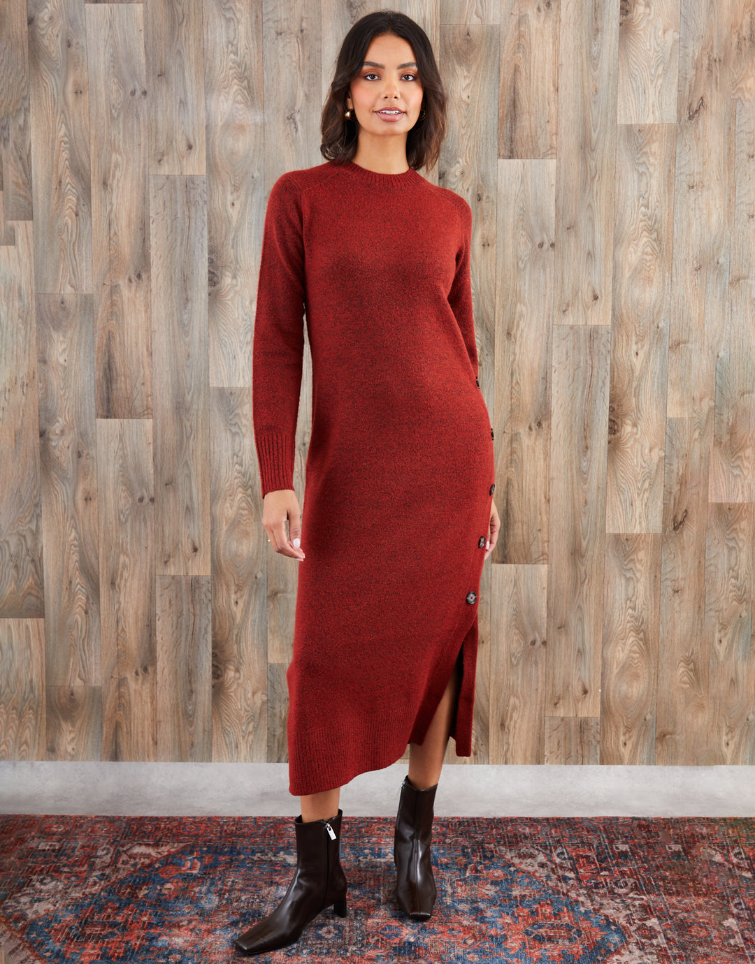 Rust Orange Knitted Side Button Detail Maxi Dress