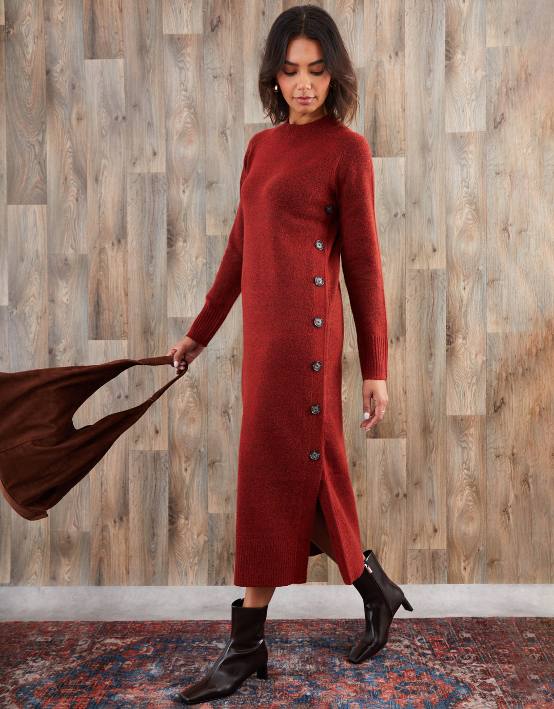 Rust Orange Knitted Side Button Detail Maxi Dress