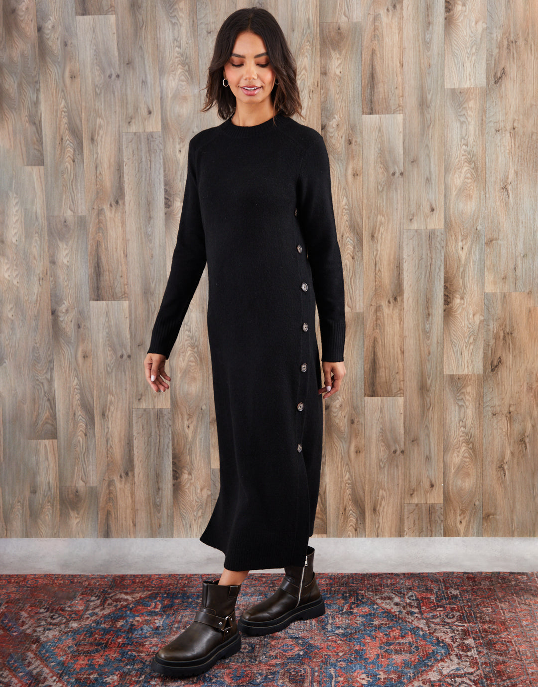 Threadbare Women's Black Knitted Side Button Detail Maxi Dress Threadbare Women's Black Knitted Side Button Detail Maxi Dress