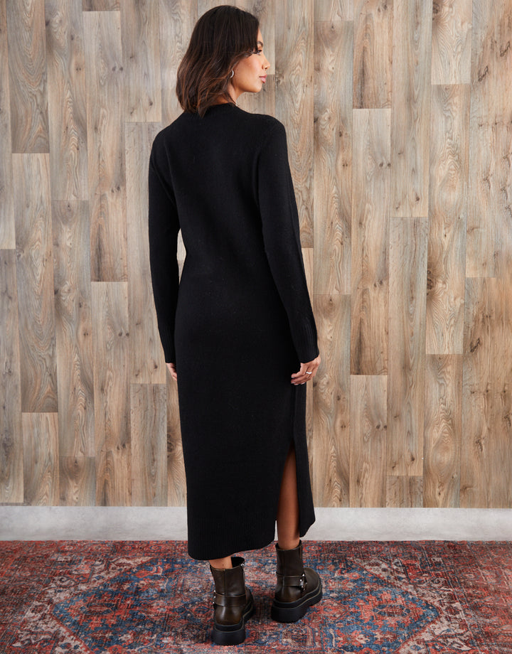 Black Knitted Side Button Detail Maxi Dress