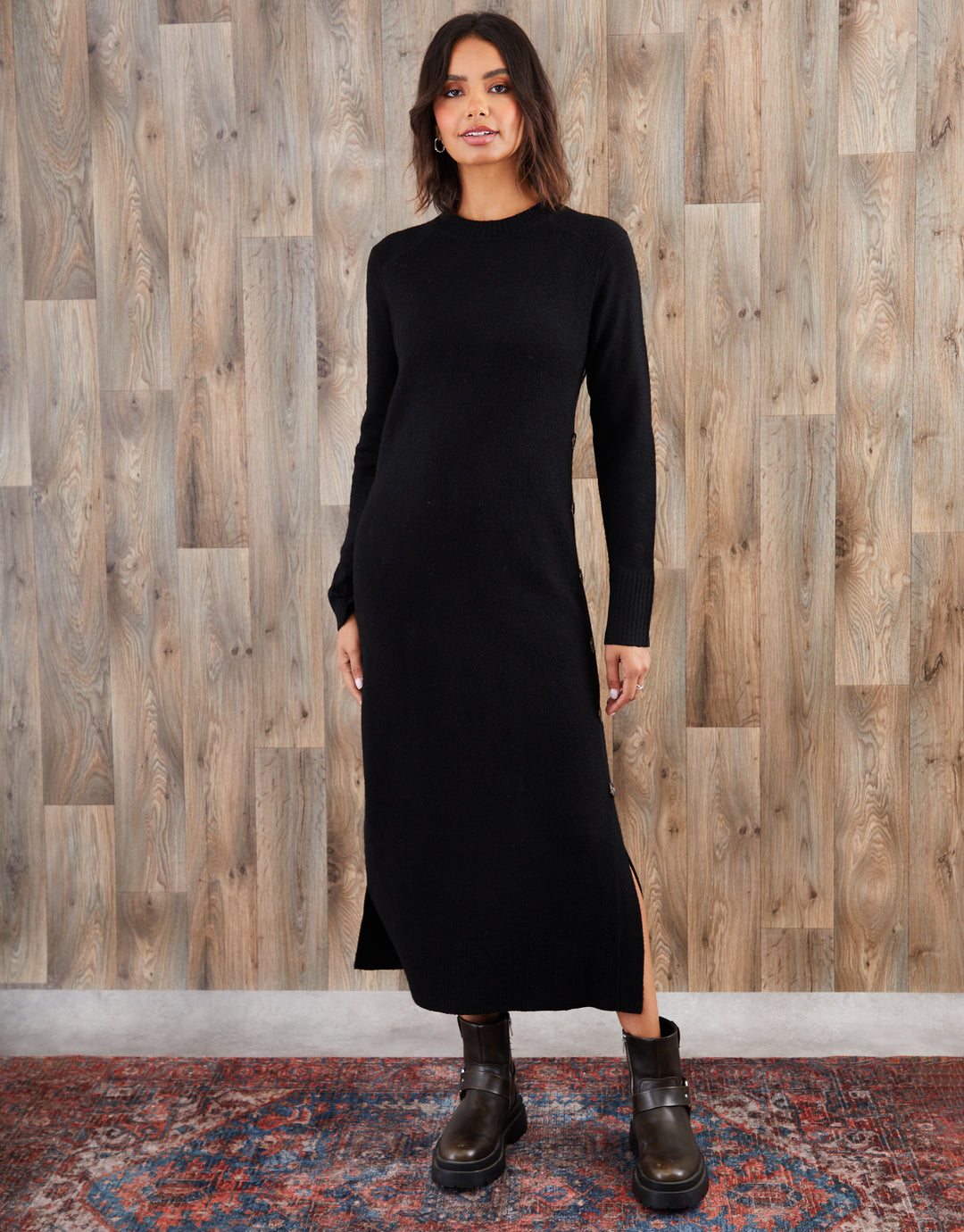 Black Knitted Side Button Detail Maxi Dress