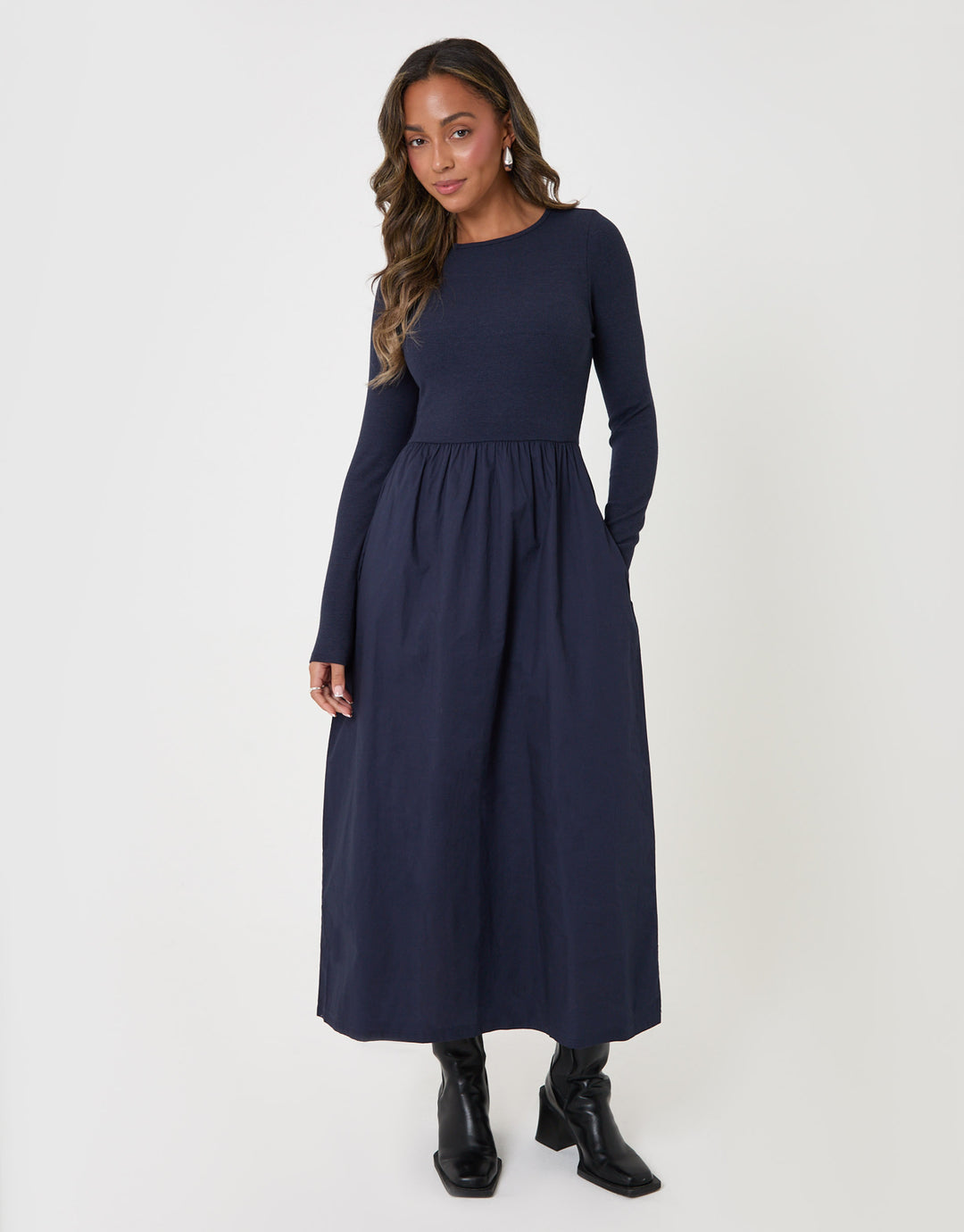 Threadbare Rib Jersey 2-in-1 Midi Dress with Poplin Skirt in Navy - front view