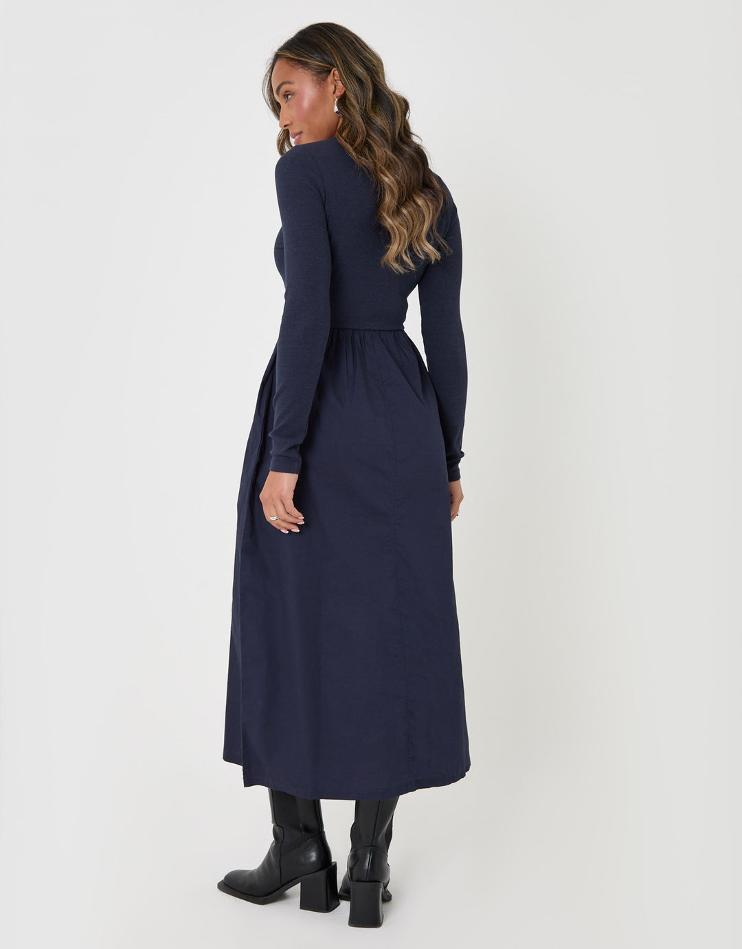 Threadbare Rib Jersey 2-in-1 Midi Dress with Poplin Skirt in Navy - back view