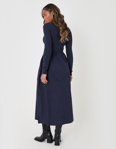 Threadbare Rib Jersey 2-in-1 Midi Dress with Poplin Skirt in Navy - back view