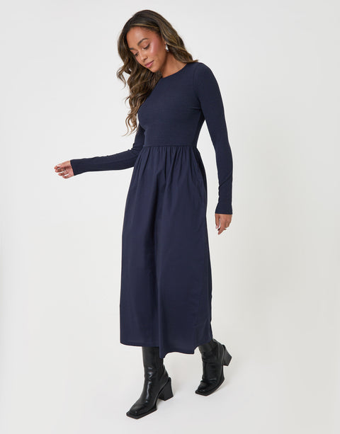 Threadbare Rib Jersey 2-in-1 Midi Dress with Poplin Skirt in Navy - full body
