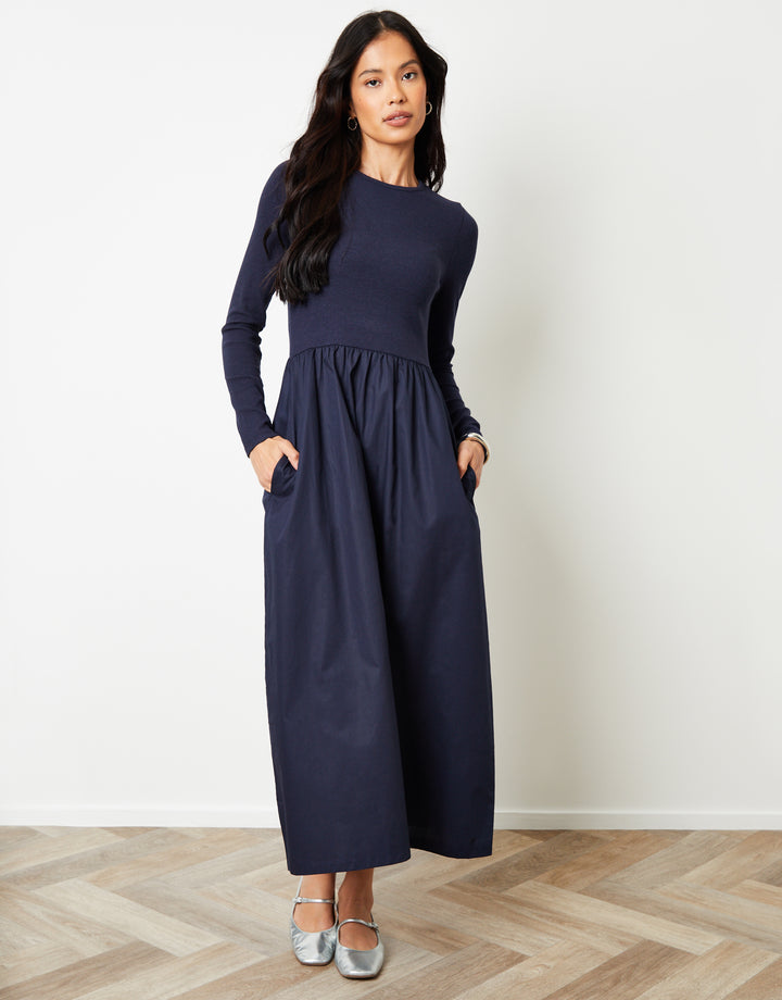 Navy Rib Jersey 2-in-1 Midi Dress with Poplin Skirt